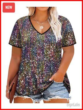 Plus Size Sequin Top Short Sleeve Party Blouse V Neck Sparkle Shimmer Shirt